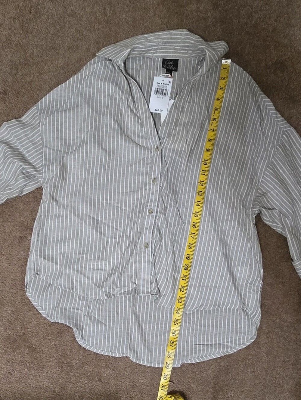 Oak and Trellis Striped Button-Up Shirt in Light Gray/White, with a high low hem